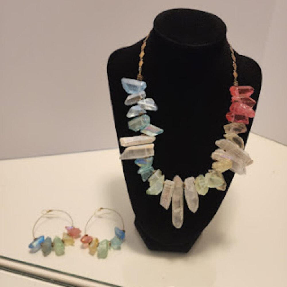 Rainbow Quartz Crystal Necklace and Matching Hoop Earrings